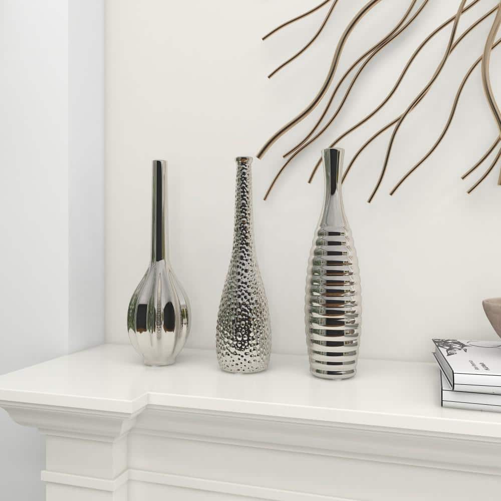 Elegant Trio Silver Ceramic Vase Set with Textured Finish