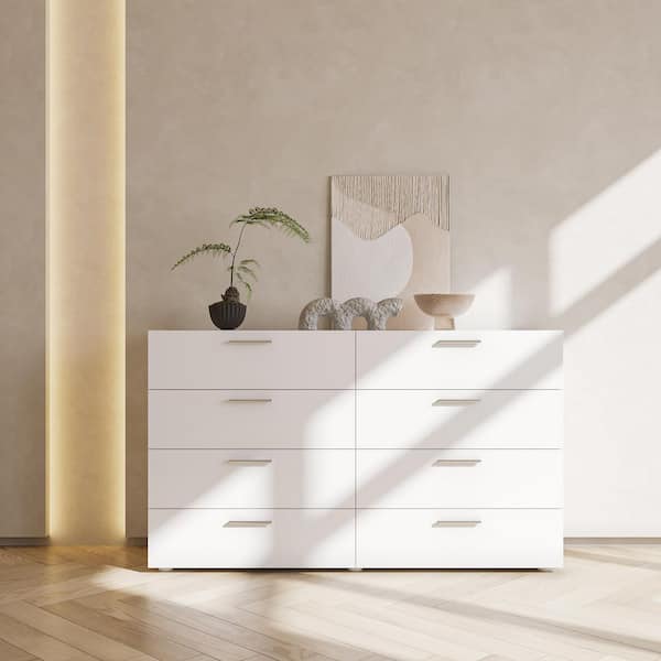 White 8-Drawer 55. 12 in. Wide Chest of Drawers