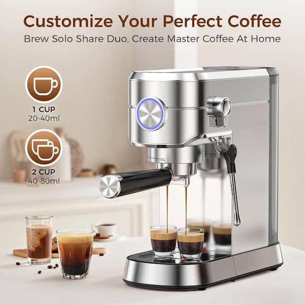 2-Cups 20-Bar Silver Stainless Steel Espresso Machine with Milk Frother Professional Espresso Maker