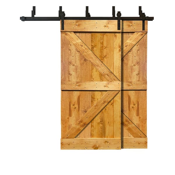 CALHOME 84 in. x 84 in. K Bar Bypass Colonial Maple Stained Solid Pine Wood Interior Double Sliding Barn Door with Hardware Kit
