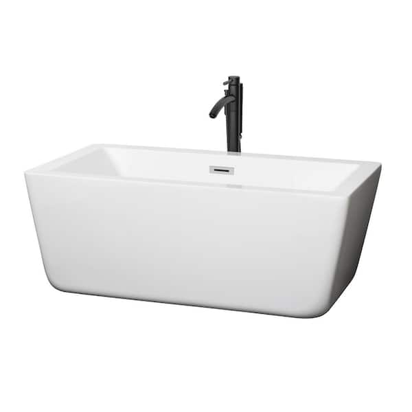 Wyndham Collection Laura 58.75 in. Acrylic Flatbottom Bathtub in White with Polished Chrome Trim and Matte Black Faucet