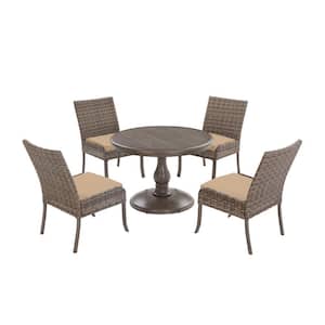 Windsor 5-Piece Brown Wicker Round Outdoor Patio Dining Set with Sunbrella Beige Tan Cushions