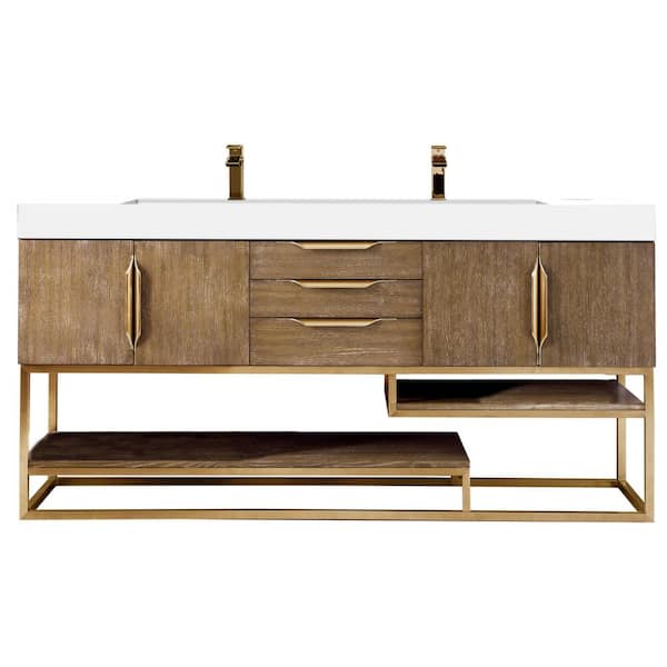 James Martin Vanities Columbia 72.5 in. W x 19 in. D x 36 in. H Double Bath Vanity in Latte Oak with Glossy White Composite Top