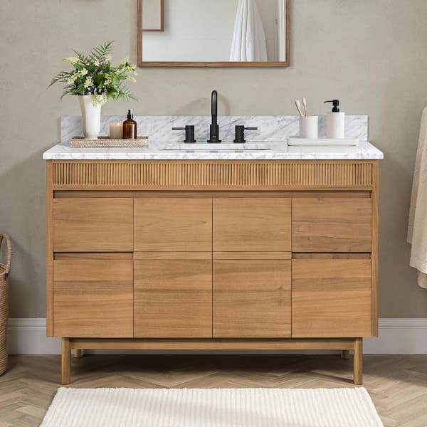 Kayla 49 in. Single Sink Natural Teak Bath Vanity with Carrara White Marble Top