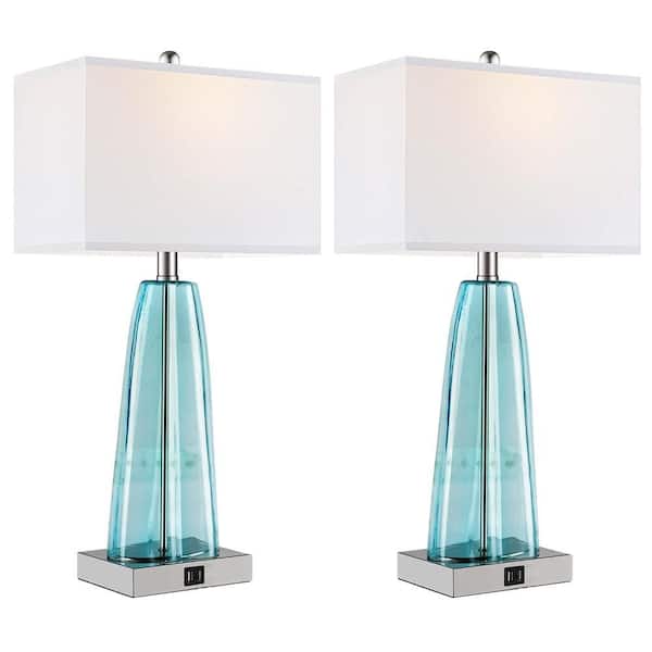 Rottogoon 24.5 in. Modern Table Lamps, Light Green Shaped Glass Bedside Lamp for Bedroom with USB C+A Ports (2 Bulbs Included)