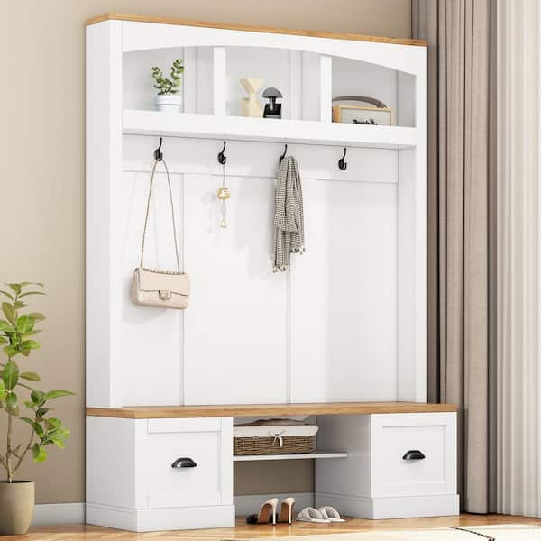 Harper & Bright Designs White 4-in-1 Hall Tree with Wood Grain Bench and Top, 4 Black Hooks, 2 Storage Cabinet, Adjustable Shelf
