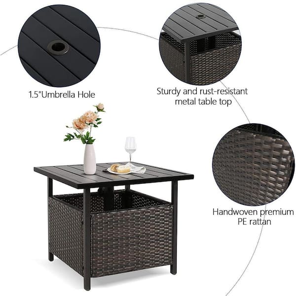 brown wicker outdoor side table with umbrella hole