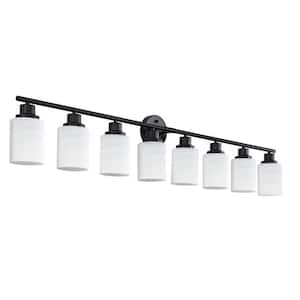 52 in. 8-Light Black Bathroom Light Fixtures Black Bathroom Vanity Light Over Mirror with Opal White Glass Shade