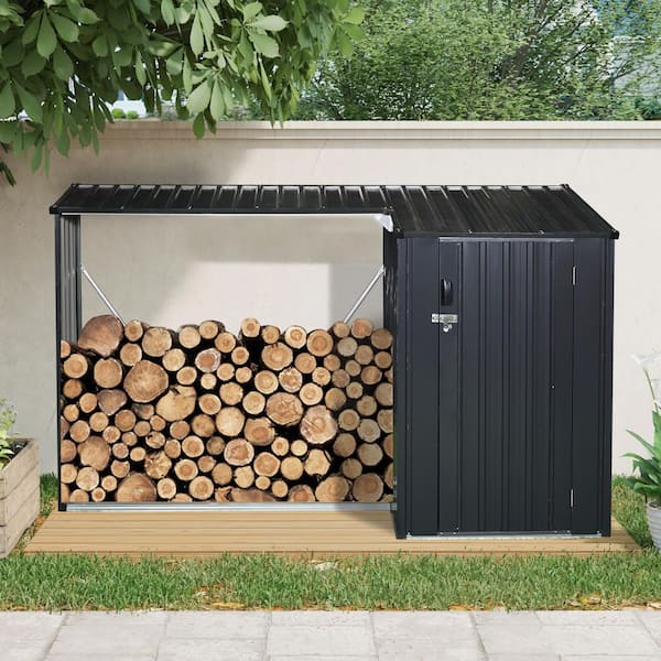 Black 9 ft. W x 3 ft. D Outdoor Metal Firewood Rack, 2-In-1 Garden Storage Shed with Lockable Door (27 sq. ft. )