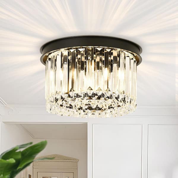 BeamHaven 11.81 in. 4-Light Flush Mount Ceiling Light, Modern Black Finish with Crystal Accents and Drum Shade