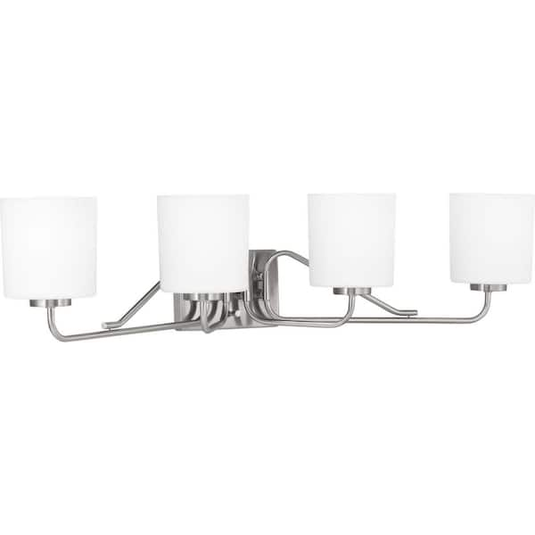 Progress Lighting Tobin Collection 4-Light Brushed Nickel Etched White Glass Modern Bath Vanity Light