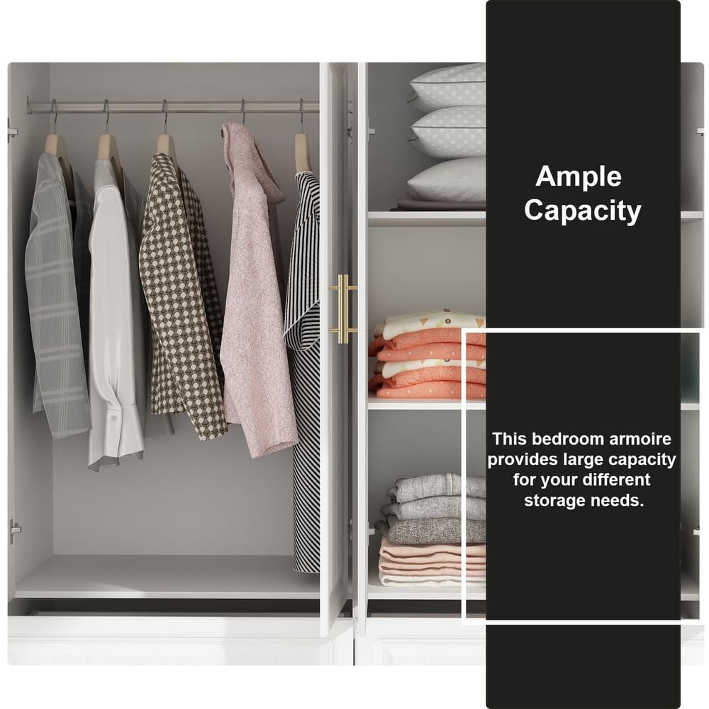 White Wood 63 in. W 4-Door Big Wardrobe Armoires with Hanging Rod, Drawers, Storage Shelves 74.2 in. H x 20.6 in. D - thumbnail 9
