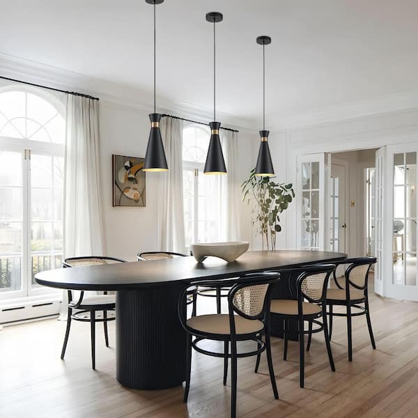 TinHon Modern 1-Light Black Cone Pendant Light with Gold Accent