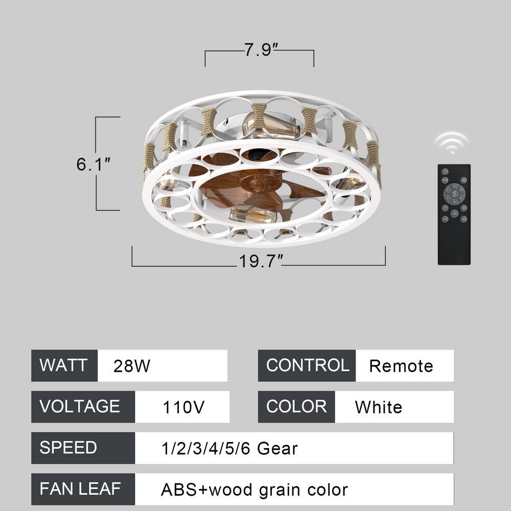19.7" White Caged Ceiling Fan with Walnut Blades and Remote