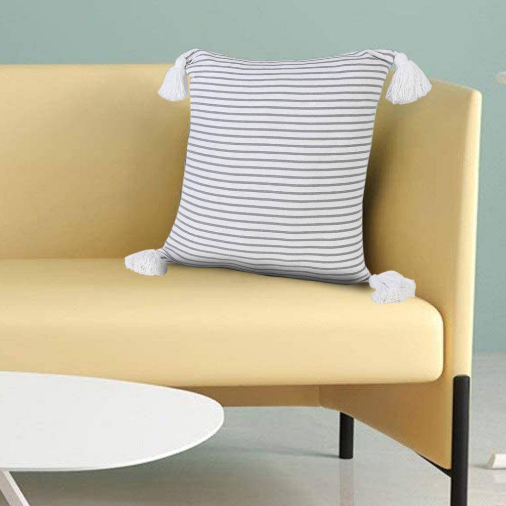 Gray and White Striped Cotton Square Throw Pillow with Tassels