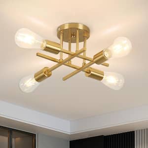 16 in. 4-Light Modern Sputnik Linear Gold Metal Industrial Farmhouse Semi- Flush Mount Ceiling Lights Chandelier Light