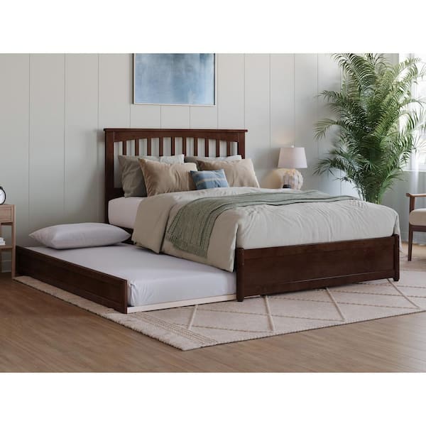 AFI Everett Walnut Brown Solid Wood Frame Full Platform Bed with Panel Footboard and Twin Trundle