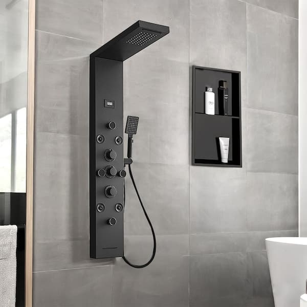 Dual 6-in-One 8-Jet Shower Panel Tower System with Rainfall and Waterfall Head in Matte Black, Massage Body Jets