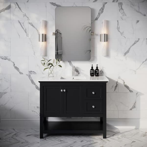 Manchester 40 in. Single Sink Shaker-Style Black Bath Vanity with White Quartz Top and Integrated Sink