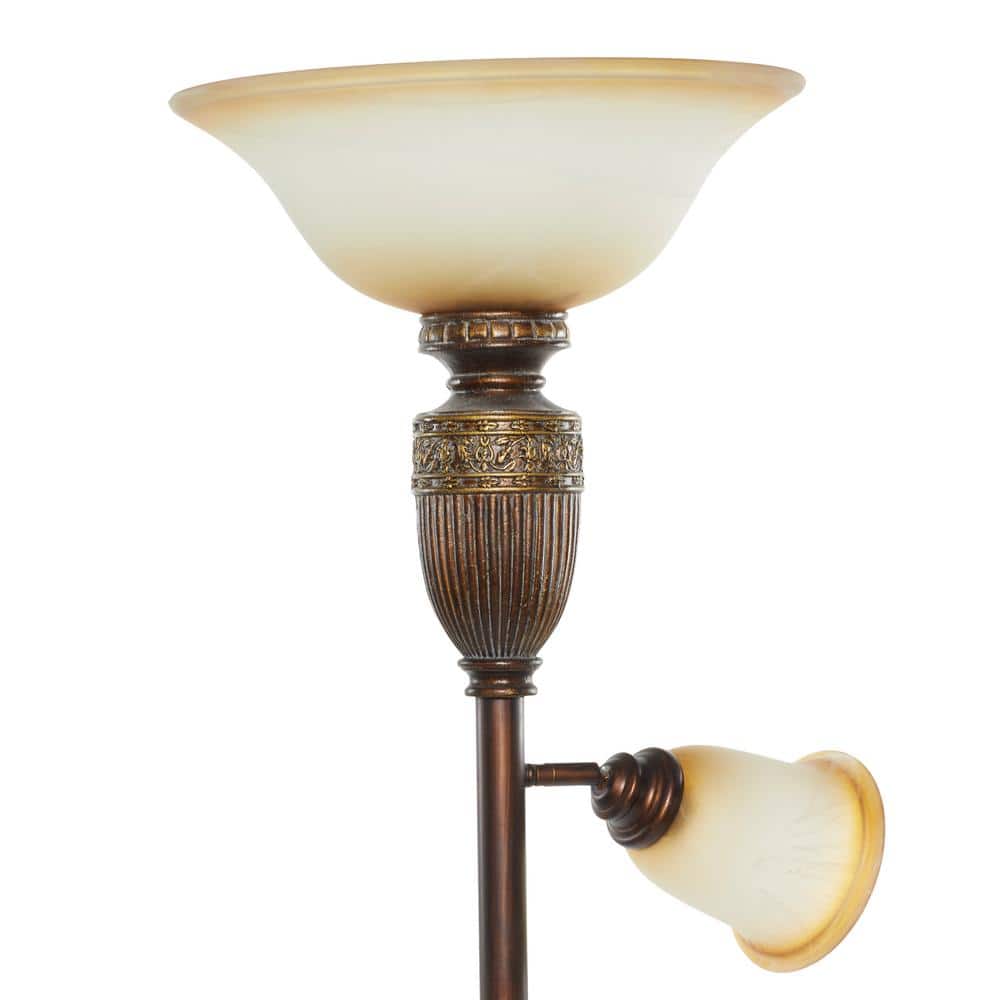 Antique Brown 70" Torchiere with Beige Glass Shades
