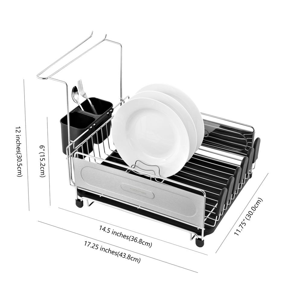 Compact Stainless Steel Dish Rack with Utensil Cup and Wine Glass Holder
