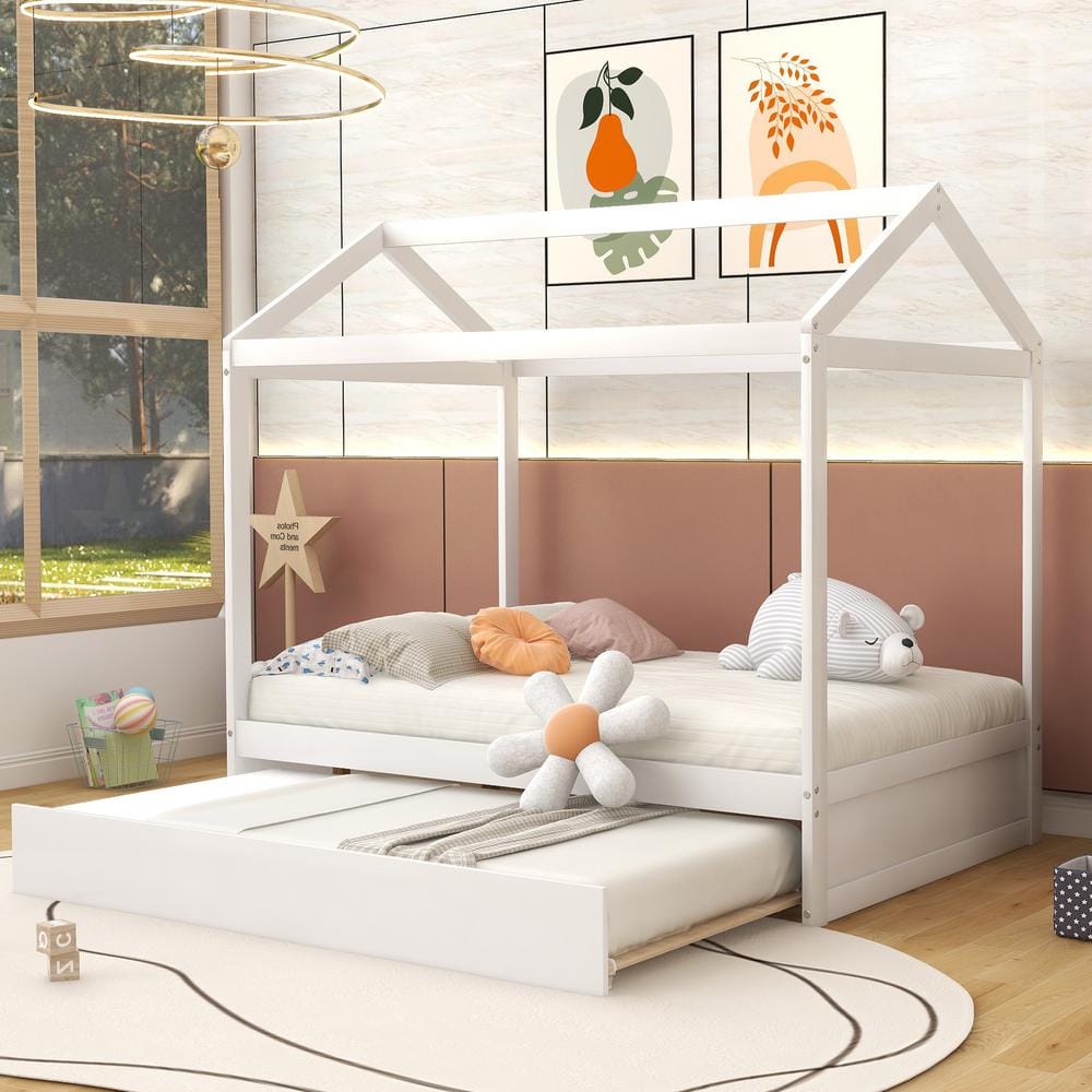 Harper & Bright Designs White Twin Size Wooden House Bed with Trundle and  Storage Shelf LHC011AAK-T - The Home Depot