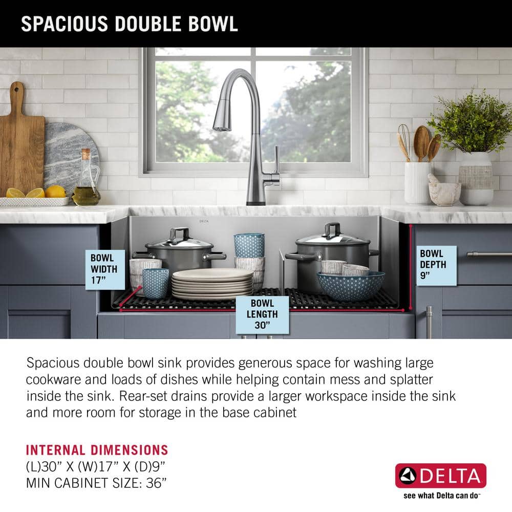 Delta Lenta 32" Satin Stainless Steel Double Bowl Undermount Kitchen Sink