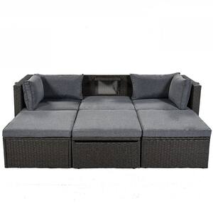 Rectangular Daybed 4-Pieces Wicker Outdoor Sectional Set with Retractable Canopy and Gray Cushions