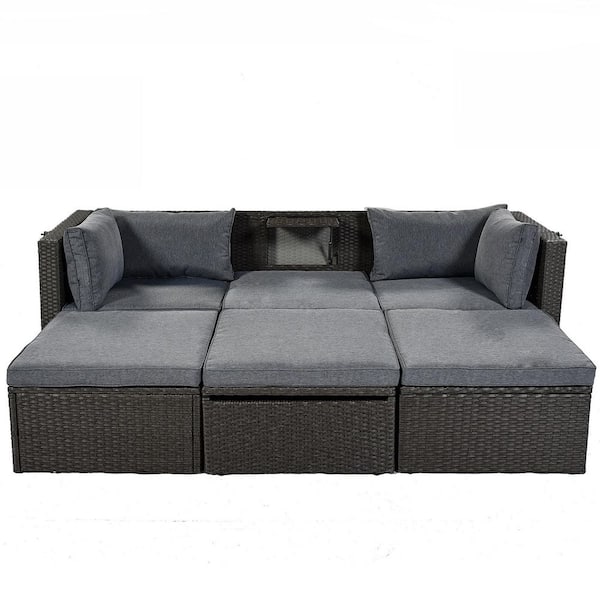 Tunearary Rectangular Daybed 4-Pieces Wicker Outdoor Sectional Set with Retractable Canopy and Gray Cushions