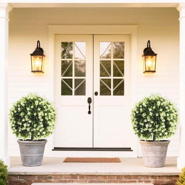 19 in. Boxwood Topiary Tree Artificial White Rose Green Indoor