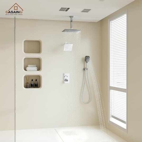 5-Spray Dual Shower Heads Ceiling Mount Fixed and Handheld Shower Head 2.5 GPM in Chrome Patterns 12 in. Thermostatic