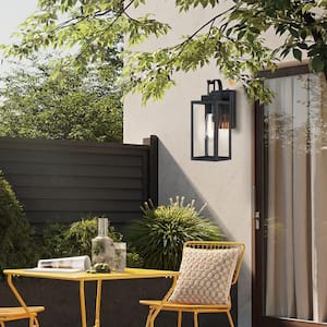 Foothill 13.78 in 1-Light Matte Black Outdoor Wall Lantern Sconce with Clear Glass with Dusk to Dawn