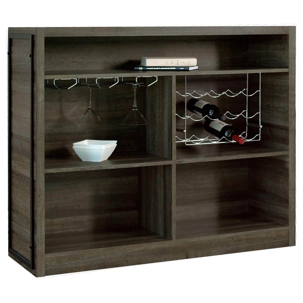 Rustic Aged Oak 5-Shelf Home Bar Unit with Metal Footrest