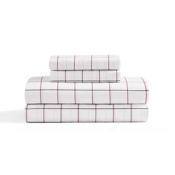Glasgow Windowpane 4-Piece White/Dark Blue/Red Cotton Queen Sheet Set