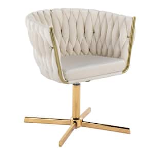 Braided Renee White Velvet and Gold Metal Arm Chair with Swivel
