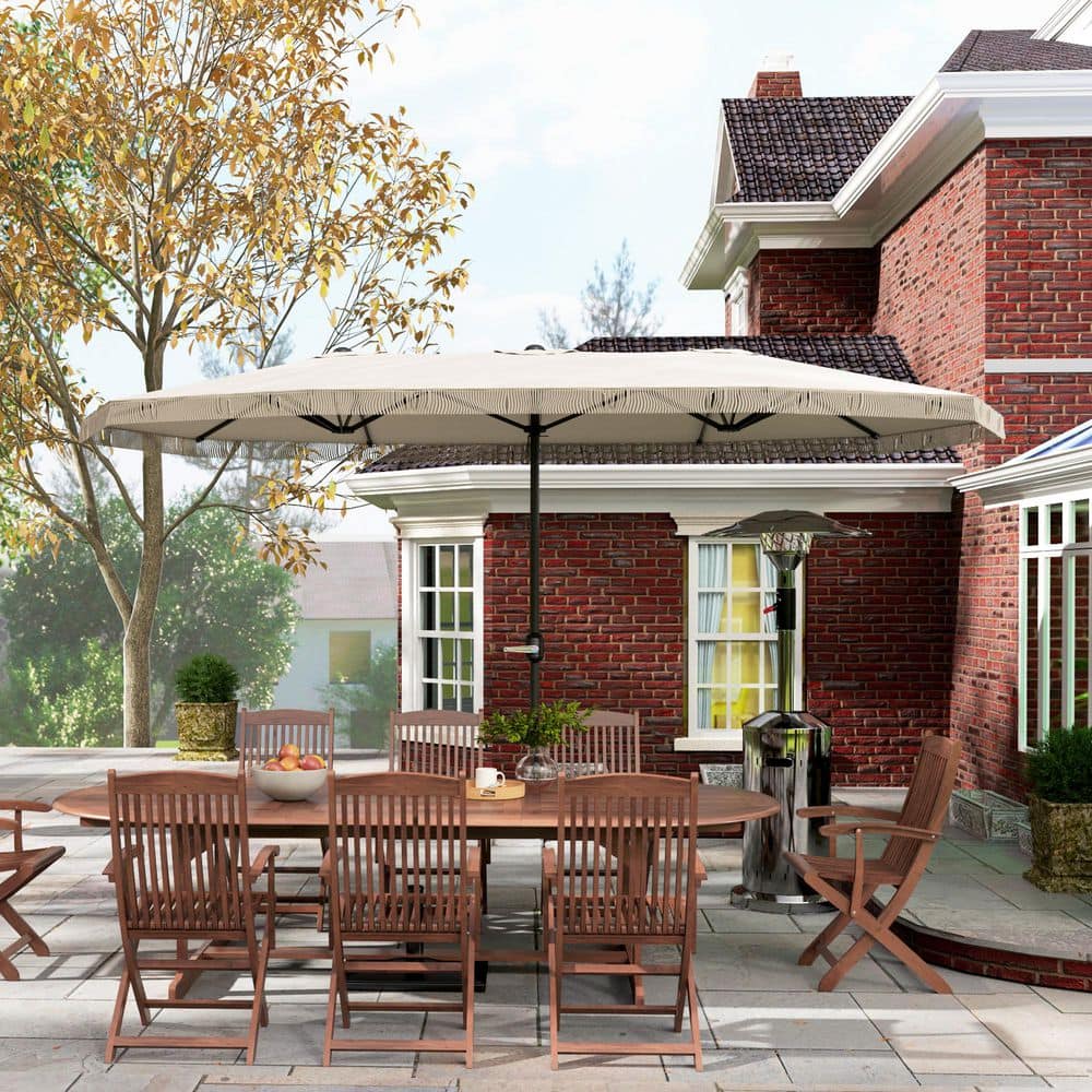 Extra Large Cream White Double-Sided Patio Umbrella with Easy Crank Handle
