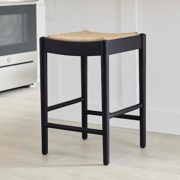 Hamlin Backless Natural Woven Counter Stools in Black (Set of 2)