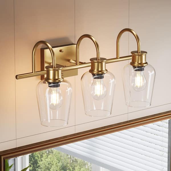 21.7 in. 3-Light Modern Brushed Gold Bathroom Vanity Light with Clear Glass Shade, No Bulbs Included