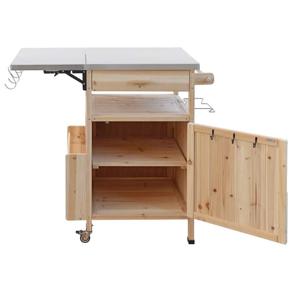 40.5 in. Natural Wood Outdoor Grill Cart with Stainless Steel Top