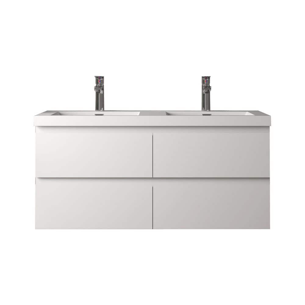 Angela 48 in. Double HG. White Bath Vanity Wall-Mounted Floating Vanities with Gloss White Resin Stone Top 4-Drawers price history on PriceWatchPro