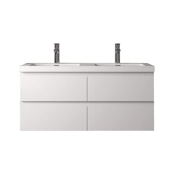 Angela 48 in. Double HG. White Bath Vanity Wall-Mounted Floating Vanities with Gloss White Resin Stone Top 4-Drawers