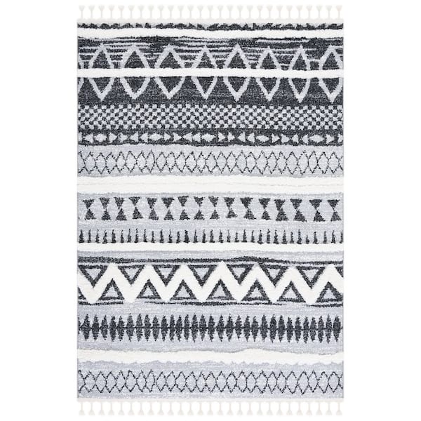 Moroccan Tassel Shag 9 ft. x 12 ft. Gray/Black Zig-Zag Diamond Striped Area Rug