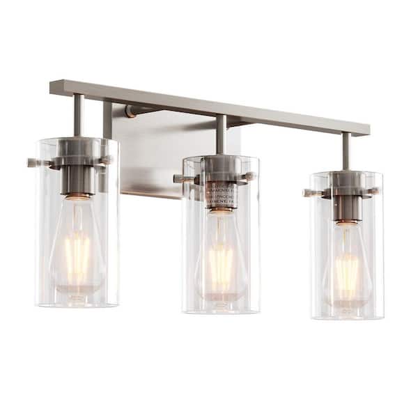 20 in. 3-Light Brushed Nickel Bathroom Vanity Light with Clear Glass Shade, No Bulbs Included