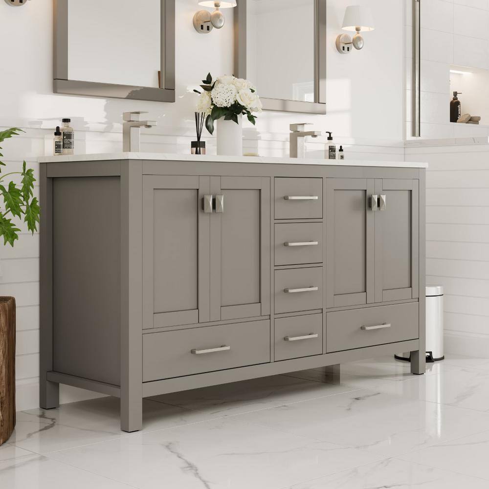 Gray Double Sink Bathroom Vanity with White Quartz Countertop