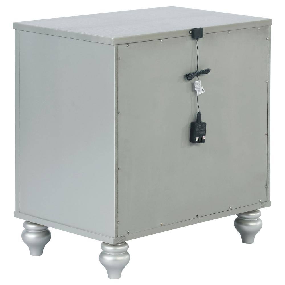 Silver Metallic 2-Drawer Nightstand with Crystal Knobs