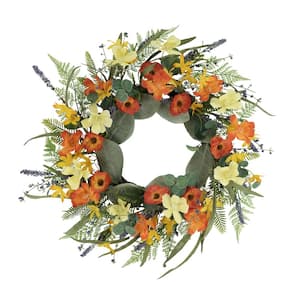 24 in. Artificial Dogwood and Poppy and Daisy Floral Spring Wreath