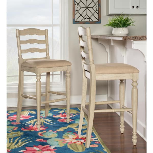 Marino 30 in. Antique White High Back Wood Counter Stool with Fabric Seat