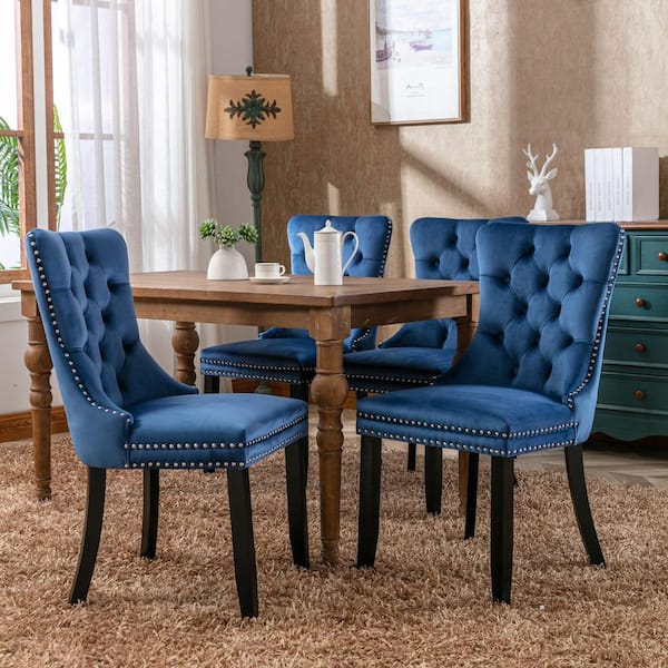 Modern High-End Blue Tufted Solid Wood Velvet Upholstered Dining Chair with Wood Legs Nailhead Trim Set of 2