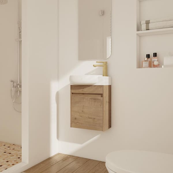 16.8 in. W x 11.6 in. D x 21.3 in. H Wall Mounted Bath Vanity in Imitative Oak with White Ceramic Top, Round Single Sink