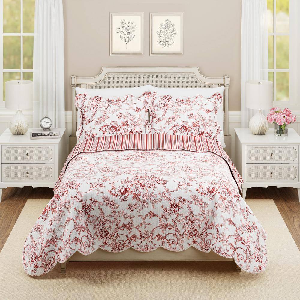 Red Full/Queen Cotton Reversible Quilt Set with Floral Print